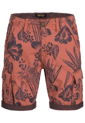 Pantalones cortos tipo cargo para hombre de color óxido con puños doblados y patrones oscuros florales y de hojas, con bolsillos delanteros y cierre de botón.