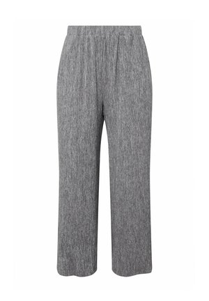 Gray, knee-length pants made of ribbed fabric with an elastic waistband. The texture is soft, and the design features vertical stripes.
