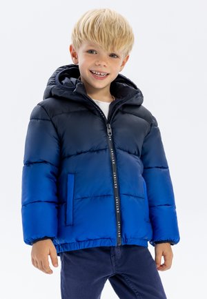 Padded hooded jacket in gradient blue, featuring a zip front, two side pockets, and elasticated cuffs for improved fit and warmth.