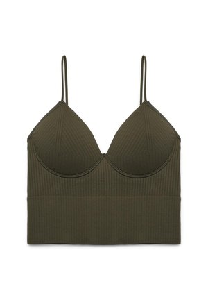 Oliwkowa zielona prążkowana braletka z cienkimi regulowanymi ramiączkami i formowanymi miseczkami, z szerokim pasem pod biustem dla wsparcia.