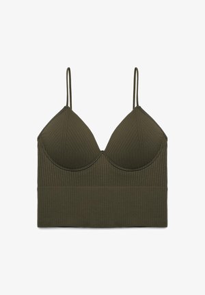 Oliwkowa zielona prążkowana braletka z cienkimi regulowanymi ramiączkami i formowanymi miseczkami, z szerokim pasem pod biustem dla wsparcia.
