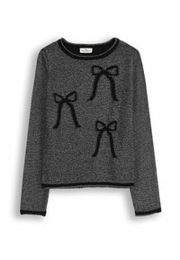 Szary krótki sweter z długimi rękawami, zdobiony czarnymi, puszystymi aplikacjami w kształcie kokardek na przodzie oraz czarnym wykończeniem przy dekolcie i na dole.