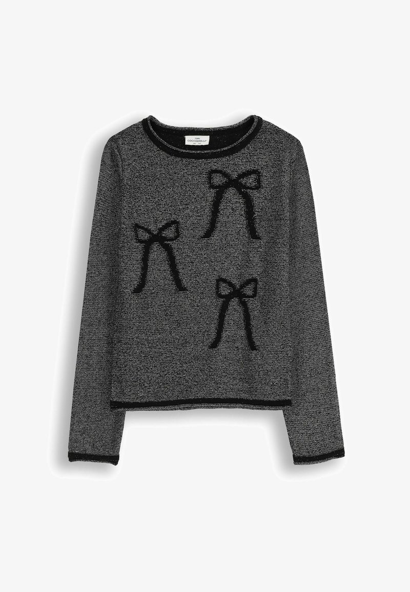 Szary krótki sweter z długimi rękawami, zdobiony czarnymi, puszystymi aplikacjami w kształcie kokardek na przodzie oraz czarnym wykończeniem przy dekolcie i na dole.