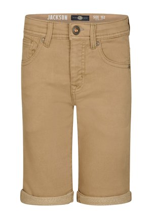 Tan slim fit shorts met opgerolde boorden, knoop aan de voorkant, riemlussen en zijzakken, maat 152 en merk Jackson.