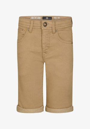 Tan slim fit shorts met opgerolde boorden, knoop aan de voorkant, riemlussen en zijzakken, maat 152 en merk Jackson.