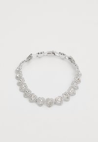 Bracelet en argent avec des maillons en forme de cœur ornés de pierres claires scintillantes, créant un motif uniforme. Fini lisse et fermoir sécurisant.