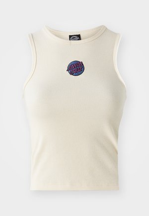 Cream ribbed tank top with a round neck and no sleeves, featuring an embroidered “Santa Cruz” logo in pink and blue on the front.