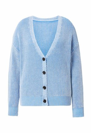 Cardigan azzurro chiaro con scollo a V, texture a costine e bottoni neri. Design morbido con dettagli a righe sulle maniche e l'orlo.