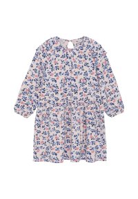 Blommig klänning i ljusrosa med blå och röda blommor. Har långa ärmar, rund halsringning och nyckelhål bak. Mjuk, lättviktig tyg.