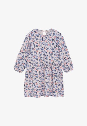 Kwiatowa sukienka w jasnoróżowym kolorze z niebieskimi i czerwonymi kwiatami. Posiada długie rękawy, okrągły dekolt oraz wycięcie z tyłu. Miękka, lekka tkanina.