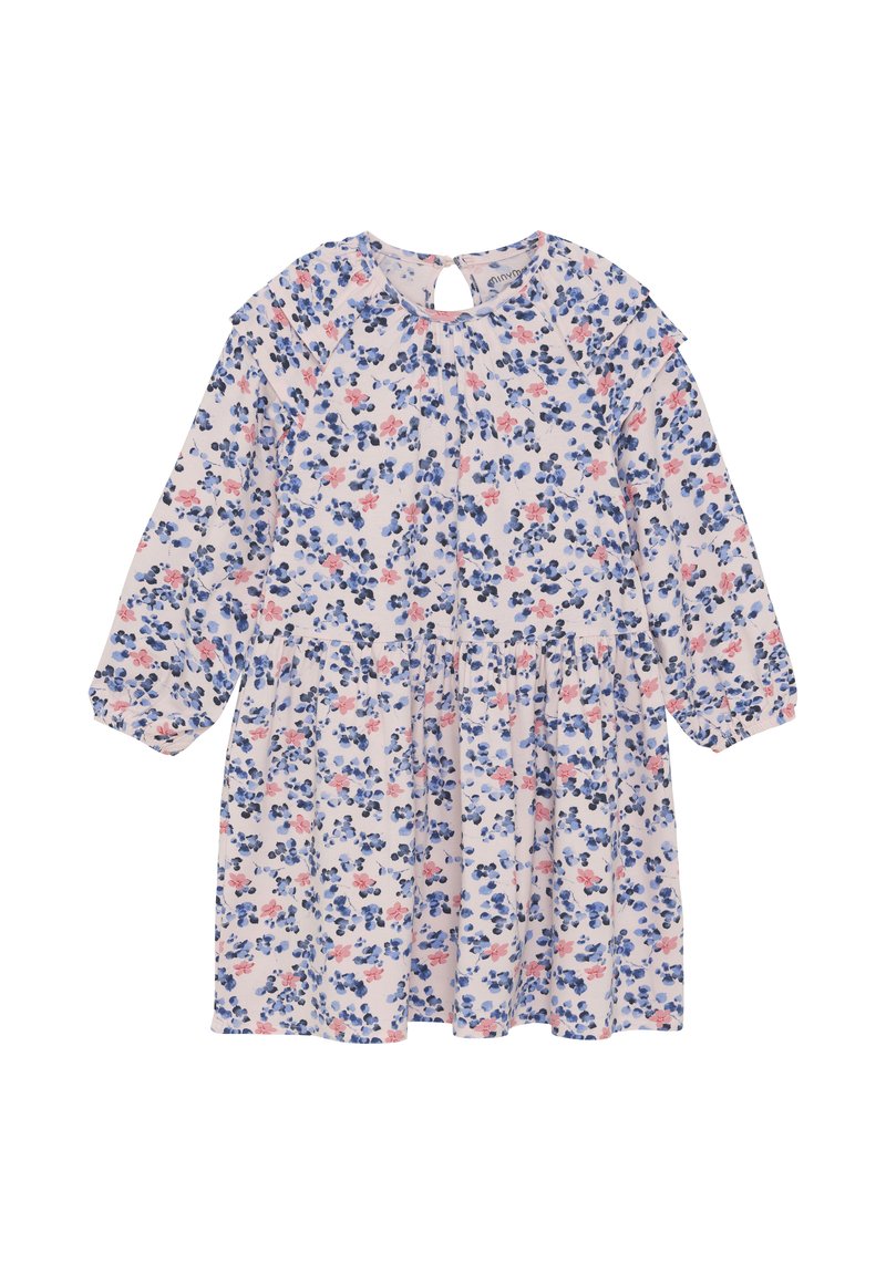 Blommig klänning i ljusrosa med blå och röda blommor. Har långa ärmar, rund halsringning och nyckelhål bak. Mjuk, lättviktig tyg.