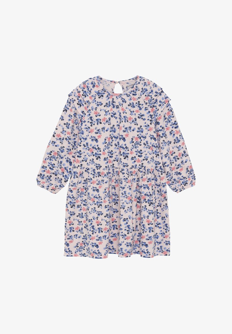 Blommig klänning i ljusrosa med blå och röda blommor. Har långa ärmar, rund halsringning och nyckelhål bak. Mjuk, lättviktig tyg.