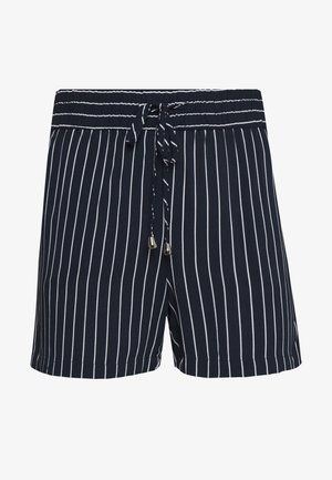 Navy blue striped shorts with an elastic waistband, adjustable drawstring, and silver accents. Made from soft fabric, featuring vertical white stripes.