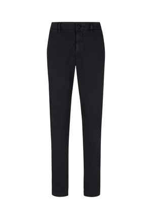 Schwarze Hose aus Baumwollmischgewebe, mit schmaler Passform, Vordertaschen und einem einzelnen Knopfverschluss. Glatte Textur und minimalistisches Design.