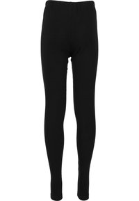 Leggings neri realizzati in tessuto elasticizzato, con una cintura elastica e una texture liscia, dal design aderente che si stringe alle caviglie.