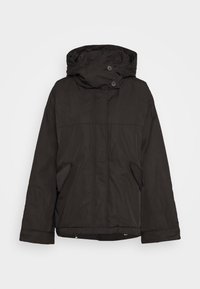 Czarna pikowana kurtka z kapturem, zapinana na suwak z przodu, z dwoma bocznymi kieszeniami i ozdobnymi guzikami. Gładka faktura, casualowy design.