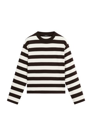 Langærmet skjorte med brede horisontale sorte og hvide striber og rund halsudskæring, vist på en hvid baggrund.