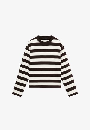 Langærmet skjorte med brede horisontale sorte og hvide striber og rund halsudskæring, vist på en hvid baggrund.