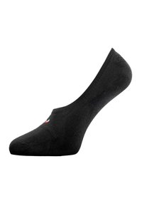 Chaussette noire invisible avec un petit logo blanc et rouge sur le dessus, conçue pour des chaussures à tige basse.