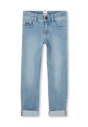 Jeans di colore azzurro chiaro in denim, con un classico design a cinque tasche, una vita con bottone e risvolti alle caviglie.