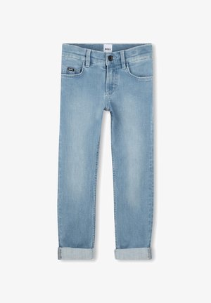 Jeans di colore azzurro chiaro in denim, con un classico design a cinque tasche, una vita con bottone e risvolti alle caviglie.