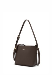 Brown pebbled leather handbag with an adjustable strap, rectangular shape, gold hardware accents, and branded detail on the front.