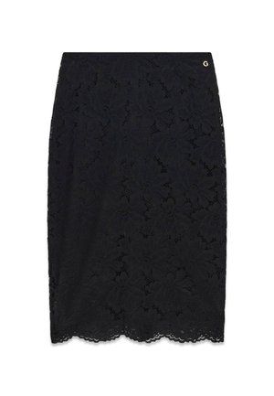 Jupe crayon noire mi-genou avec motif en dentelle florale et ourlet festonné, avec petit détail logo métallique à la taille.