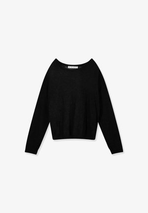 Zwarte cropped trui met lange mouwen, boot-halslijn, gemaakt van zacht textuurstof, met een ontspannen pasvorm en minimalistisch ontwerp.