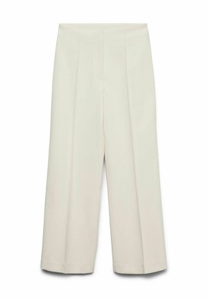 Pantalon taille haute à jambes larges en tissu beige clair avec plis marqués à l'avant et ceinture ajustée.