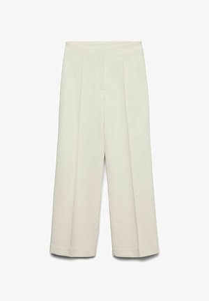 Pantalon taille haute à jambes larges en tissu beige clair avec plis marqués à l'avant et ceinture ajustée.