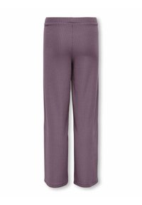 Paarse ribbroek met een elastische tailleband, volledige lengte, met een gestructureerd oppervlak en rechte pijpen.