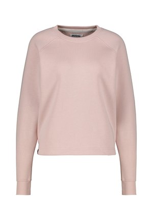 Lichtroze sweatshirt met lange raglanmouwen, ronde halslijn en ribbelmanchetten. Zachte textuur, relaxte pasvorm en een eenvoudig ontwerp.
