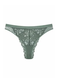 Grüner Spitzenstring mit floralen Mustern, einem breiten elastischen Bund und zarten wellenförmigen Kanten an der Rückseite und den Beinausschnitten.