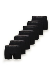 Czarne bokserki, z jednolitym kolorem, miękkim materiałem i elastycznym pasem z powtarzającym się logo "PROCHNIK" wzdłuż góry. Zestaw ośmiu sztuk.