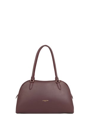 Sac à main en cuir marron foncé avec deux anses et petit logo doré Lancaster Paris au centre devant.