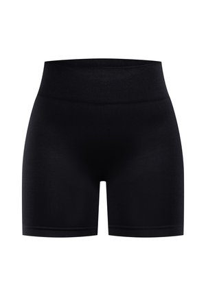 Shorts negros elásticos con una cinturilla ancha, diseñados para la comodidad y la movilidad, mostrados sobre un fondo blanco liso.