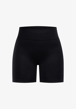 Shorts negros elásticos con una cinturilla ancha, diseñados para la comodidad y la movilidad, mostrados sobre un fondo blanco liso.