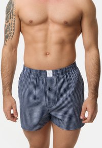 Boxer shorts de algodón en cuadros azules y blancos con cintura elástica y cierre de botón en la parte frontal. Textura suave, ajuste relajado.