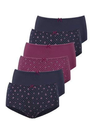 Sechs Damen-Baumwollslips in Marineblau und Burgunderrot, gemischte einfarbige und florale Muster, jeweils mit einer kleinen dekorativen Schleife in der Taillenmitte.