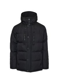 Veste rembourrée noire avec capuche, deux poches poitrine zippées, fermeture à bouton-pression et cordons de serrage réglables. Tissu lisse et texturé.