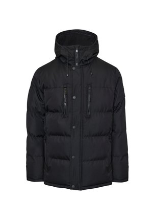 Chaqueta acolchada negra con capucha, dos bolsillos en el pecho con cremallera, cierre de botones a presión y cordones ajustables. Tejido suave y texturizado.