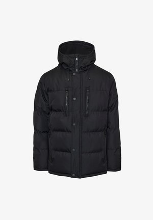 Zwarte gevoerde jas met capuchon, twee ritszakken op de borst, drukknoopsluiting en verstelbare trekkoorden. Glad, gestructureerd materiaal.