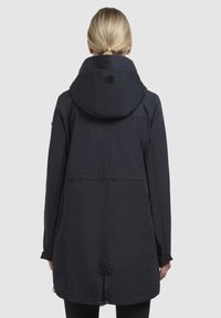 Navy waterproof parka jacket with a hood, adjustable drawstrings at the hem, and buttoned cuffs. Smooth texture, minimalistic design.