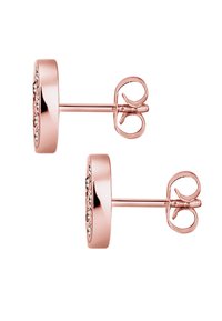 Roséguld örhängen med stift som har en cirkulär design med en rad små ädelstenar längs kanten och en enkel bakdel.