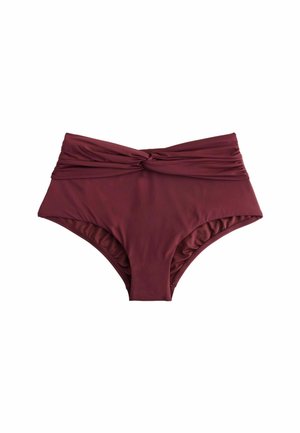 Bas de maillot de bain bordeaux taille haute avec un design à l'avant twisté, tissu lisse et côtés froncés pour un ajustement confortable.