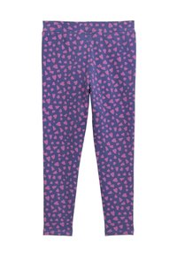 Violetinės legging'ės su rožių raštu. Pagamintos iš švelnios medžiagos, turi elastinį juosmenį ir aptemptą siluetą.