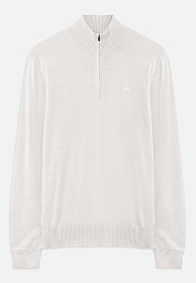 Light beige long-sleeve knit sweater with ribbed collar, cuffs, and hem, featuring a half-zip closure at the neck.