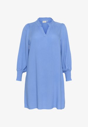 Light blue dress with a ruffled neckline, 3/4 length balloon sleeves, and a relaxed fit. Textured fabric with a subtle pattern.