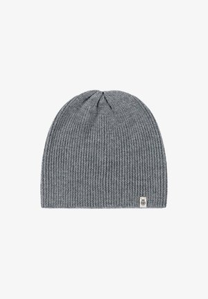 Gray ribbed knit beanie hat with a rounded crown and a small label on the side. Made of soft, textured material for warmth.
