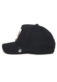 Black cap with a curved bill, featuring a stitched patch on the front and a small emblem on the side. Made of durable fabric.